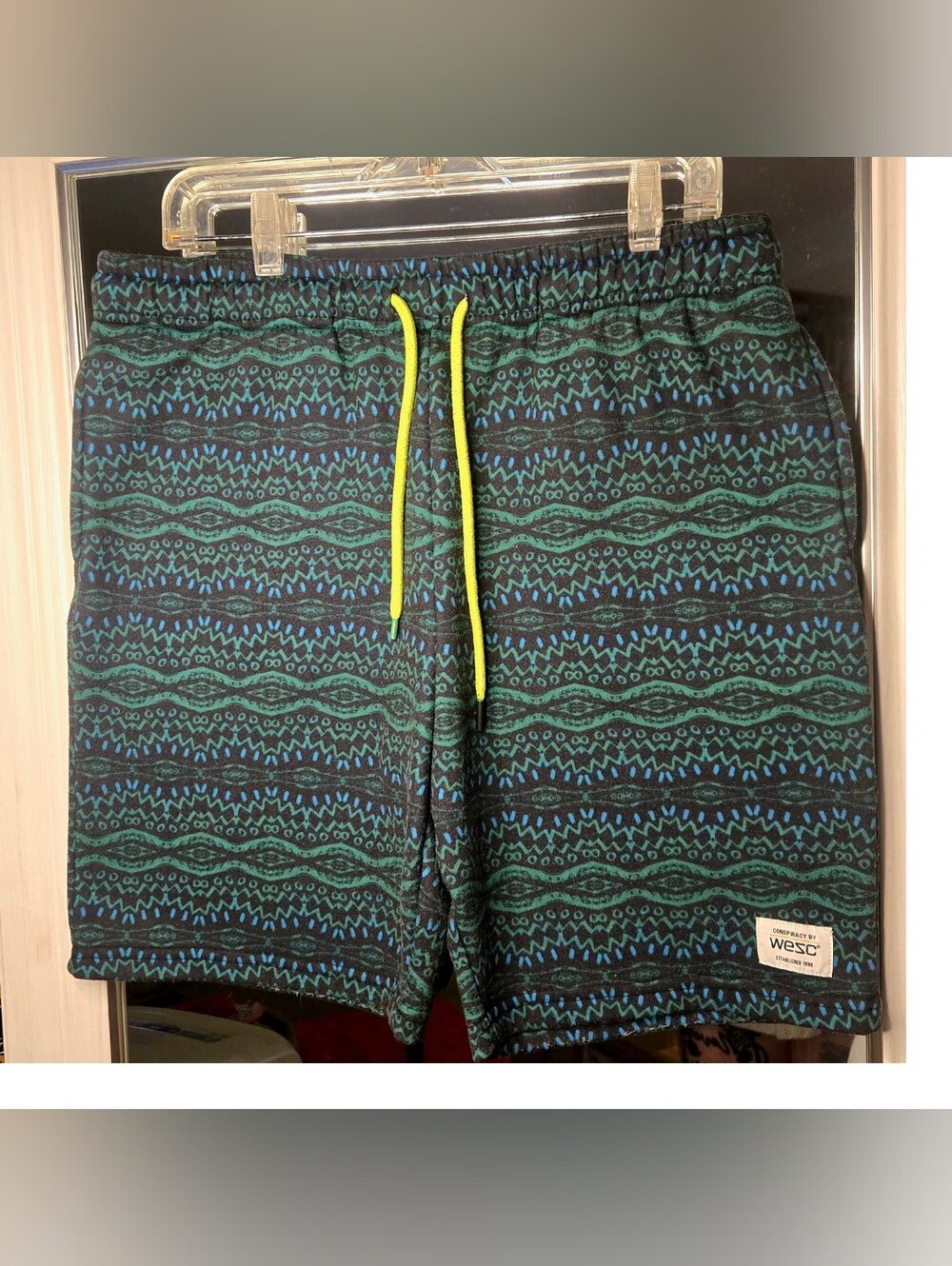WESC Aztec Geometric Print Fleece Shorts Green Blue Drawstring Men L / Womens XL